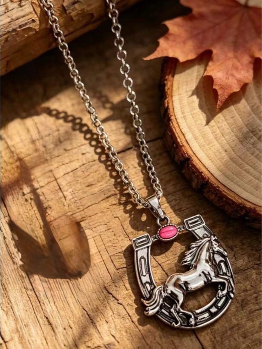 Western Necklace Horse & Horseshoe Pendant Necklace with Pink Accent